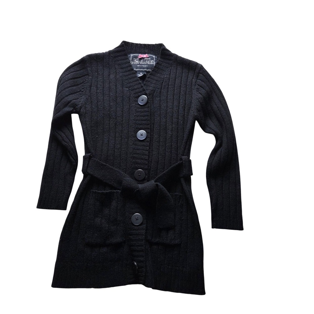 French Toast Cardigan Sweater Girls 6 Black Belted Button Front School Uniform